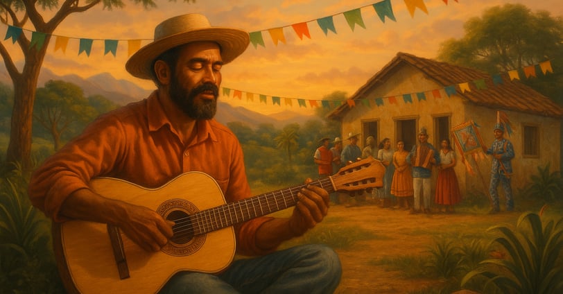 Ilustração digital em estilo tradicional mostra um músico tocando viola caipira em frente a uma casa