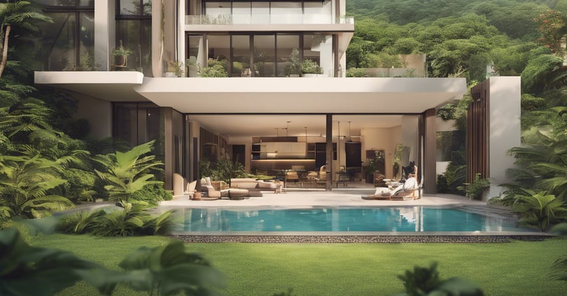 A homeowner admiring the finished result of their dream home, surrounded by lush greenery