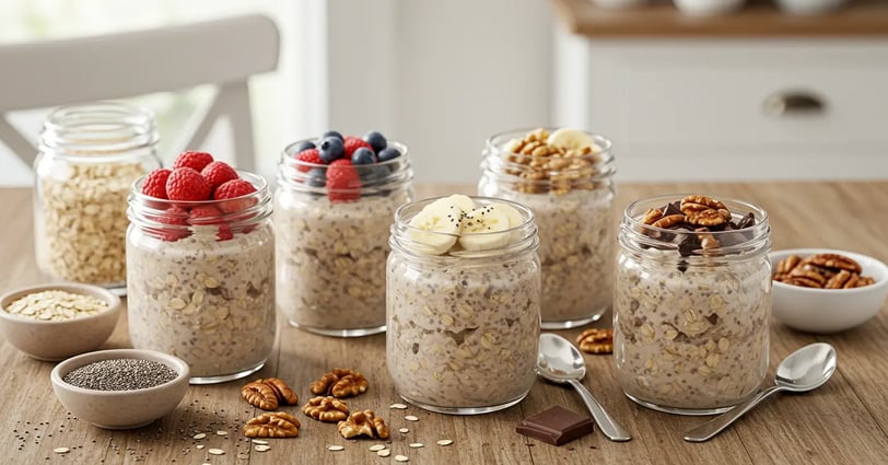 Jars of overnight oats with fruit, nuts, and chocolate toppings on a wooden table.