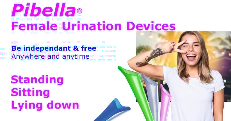 Pibella female urination devices (FUD) for standing, sitting, and lying down.