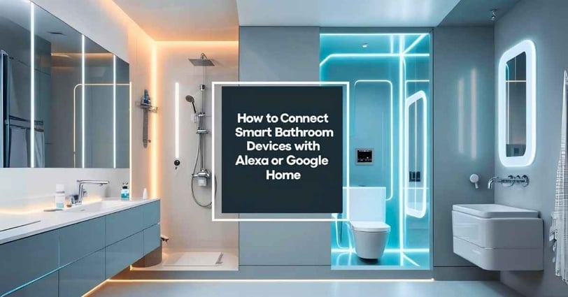 Create a wide-format feature image for a tech blog titled "How to Connect Smart Bathroom Devices wit