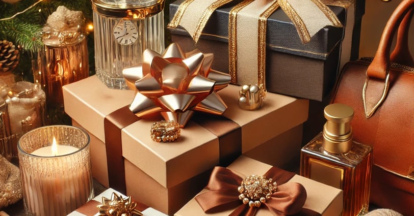 Elegant Christmas gifts for her, including skincare, jewelry, and a designer scarf under a tree.