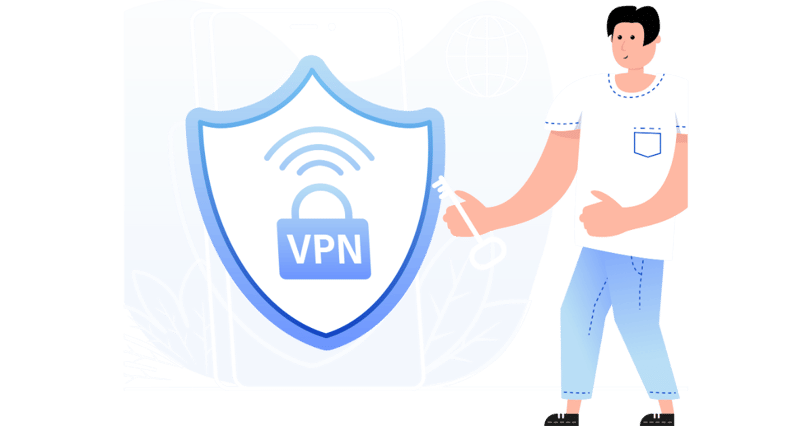 Illustration of a person holding a key standing next to a digital shield with a VPN lock icon