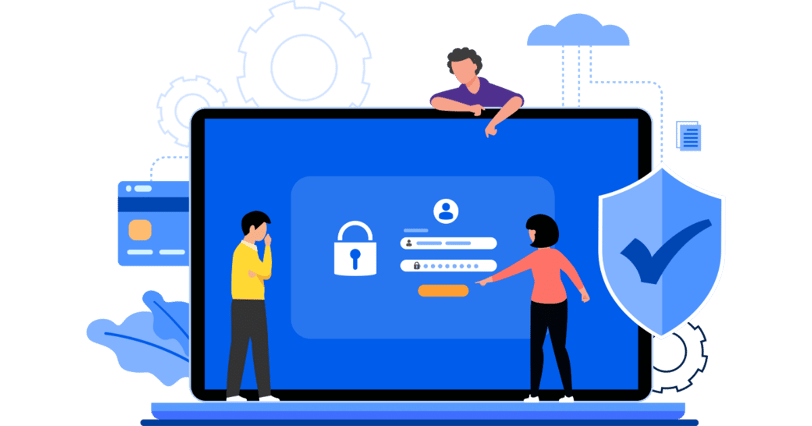 Three people working on a large screen displaying a secure login form, with symbols of security