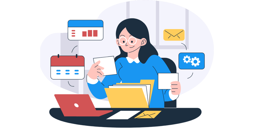 Illustration of a woman working at a desk with a laptop, organizing documents, and managing tasks