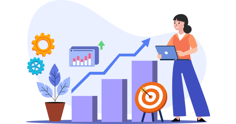 Illustration of a woman with a laptop analyzing a growth chart with bar graphs, gears, and a target