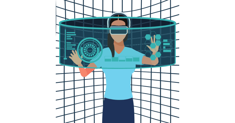 Woman using virtual reality headset interacting with digital interface in a futuristic setting