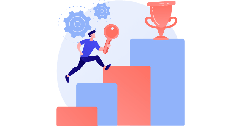 Illustration of a person climbing steps with a key towards a trophy, symbolizing achieving success