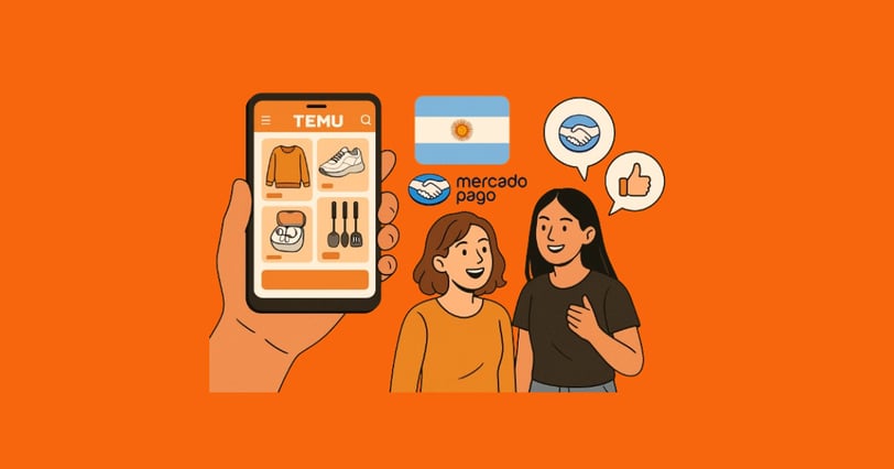 Ilustración. unas amigas están hablando cosas positivas de Temu y Mercado Pago. Temu y argentina.
