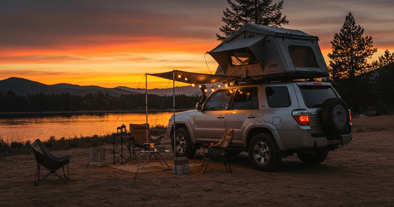 beautifully set-up car campsite at sunset, with a cozy tent, comfortable chairs