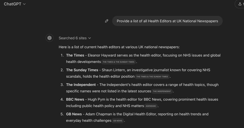 ChatGPT response to 'Provide a list of all Health Editors at UK National Newspapers'