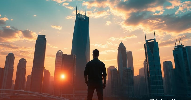 Man overlooking a modern city skyline at sunset, representing the future of online privacy and digital freedom.