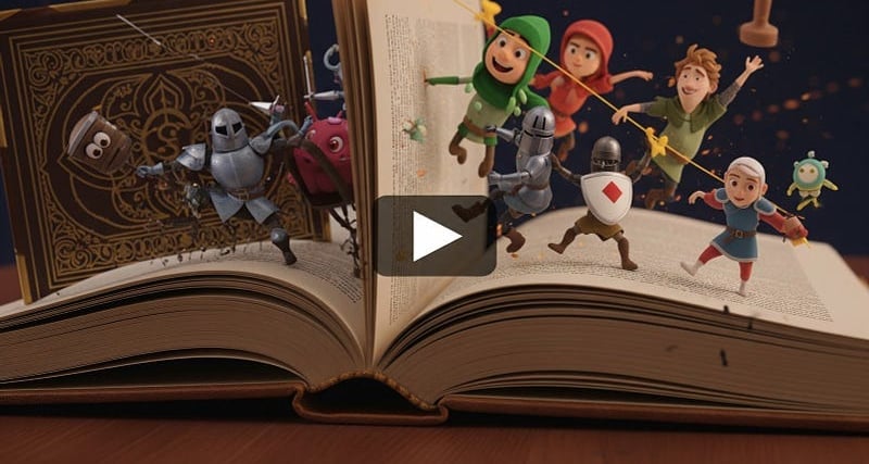 Book transforming into 3D animated video content.