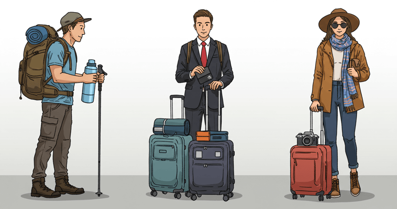 image of three different travelers with different travel accessories