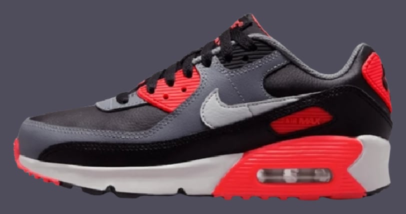 a pair of sneakers with red and white soles, Nike Air max 90