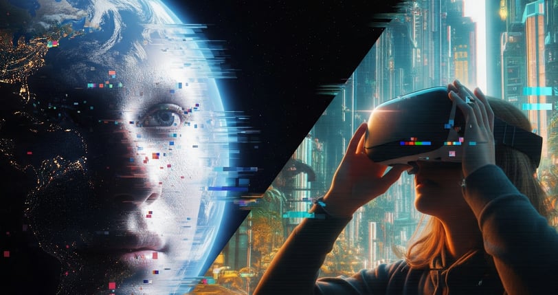 Subtly glitched image of Earth or a human face, suggesting a simulation or virtual reality training ground for consciousness