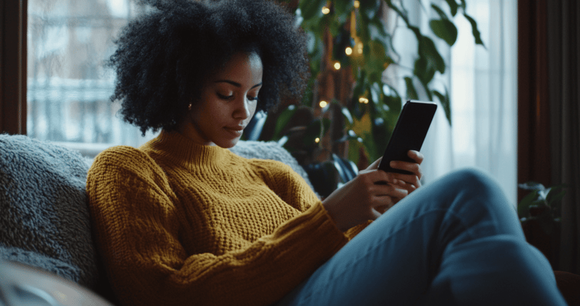 a woman sitting on a couch with a cell phone