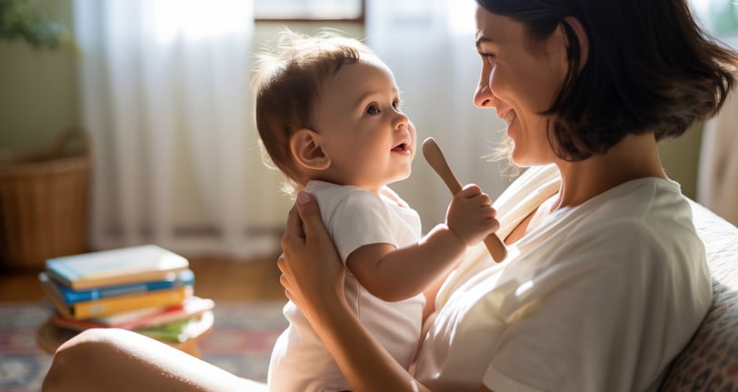 a woman holding a baby in her hands