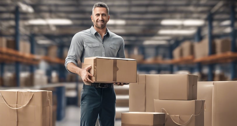 A person wearing a black cap and a black polo shirt with a courier service logo holds a large cardboard box. The background is a plain light gray, and the person appears to be smiling slightly.