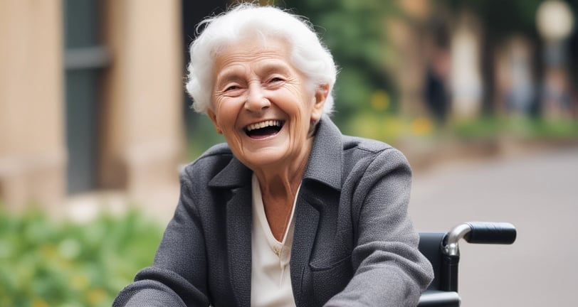 An elderly person with white hair sits in a wheelchair facing away from the camera. They are positioned near a worn doorway with textured walls and a brick interior visible beyond. A sign in an East Asian script is attached to the door nearby.