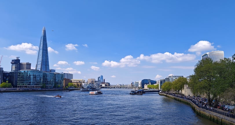 River Thames with boats and skyscrapers in background
