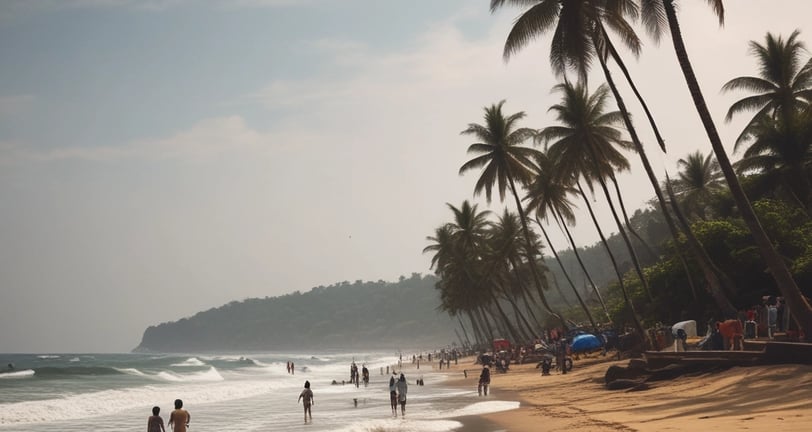 A dark-colored Volkswagen car is parked on a dimly lit road during dusk. The vehicle has its headlights on, and there's a cargo box on the roof decorated with small string lights. Trees and shrubs line the roadside under a clear, fading blue sky.