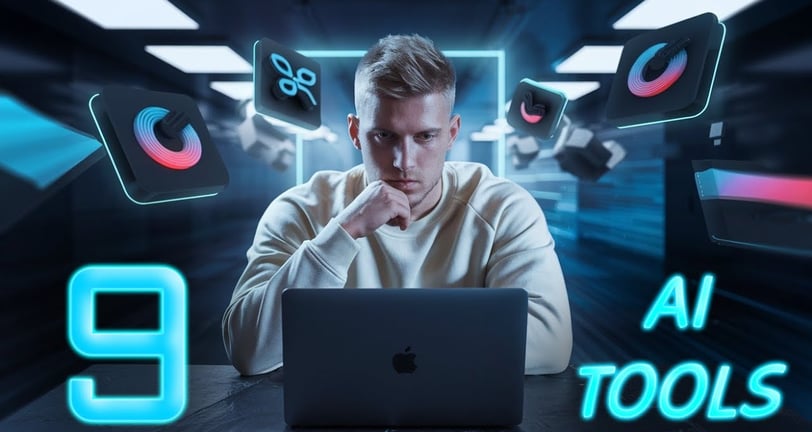 Man using a laptop with futuristic AI tool icons floating around, representing 9 powerful AI tools f