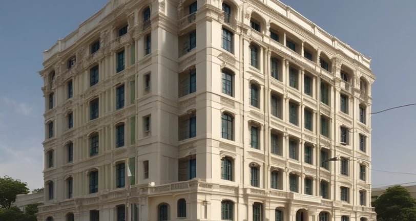 A view of the upper floors of a light-colored building with multiple windows and ornate architectural details. A red and white 'For Sale' sign with contact information is visible on the building's facade. The building is surrounded by greenery, and there are overhead utility lines. The sky above is partly cloudy with patches of blue.