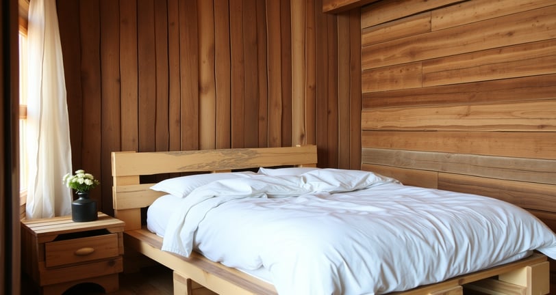 a bed with a pallet wooden headboard