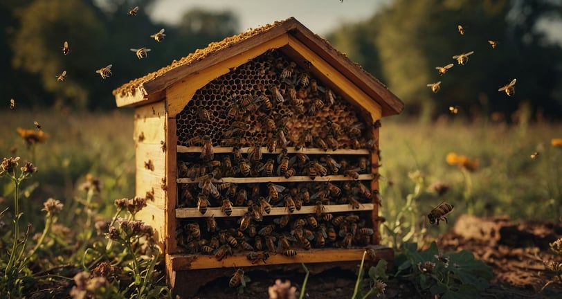 a beehive with bees in the background