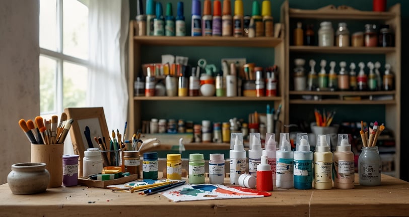 a table with many different types of paint and supplies