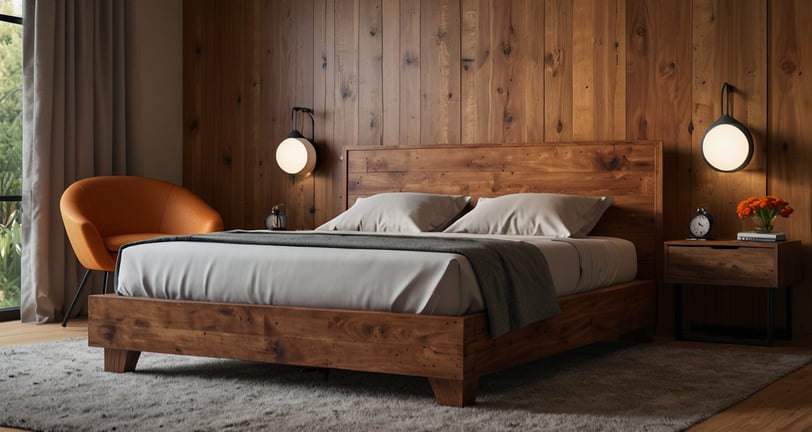 a wooden bed with a chair in a room