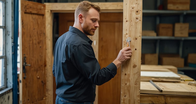 a man in a blue shirt is holding a wooden door