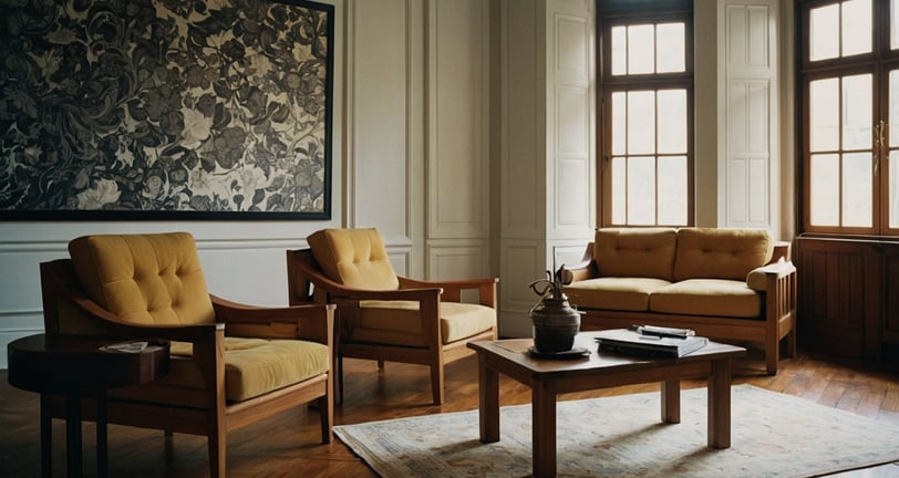 a living room with a couch and chairs