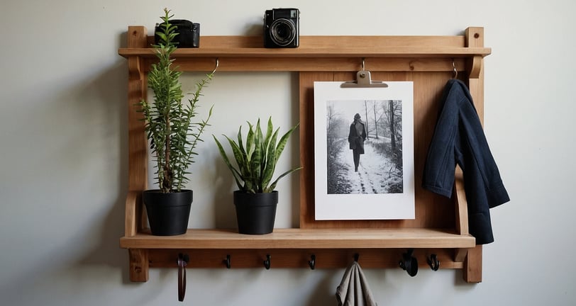a wooden shelf with a picture frame and a camera