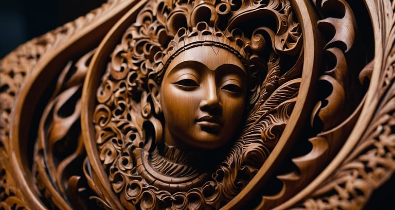 a wooden carving of a woman's face