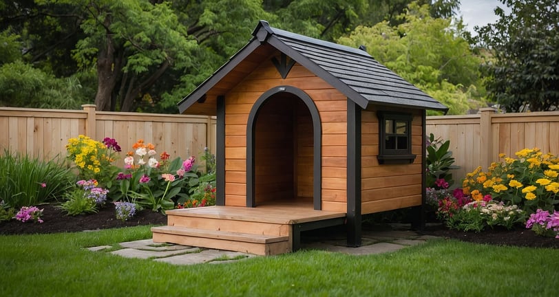 A dog house in the grass