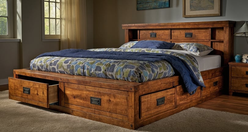 a bed with a wooden bed frame and drawers