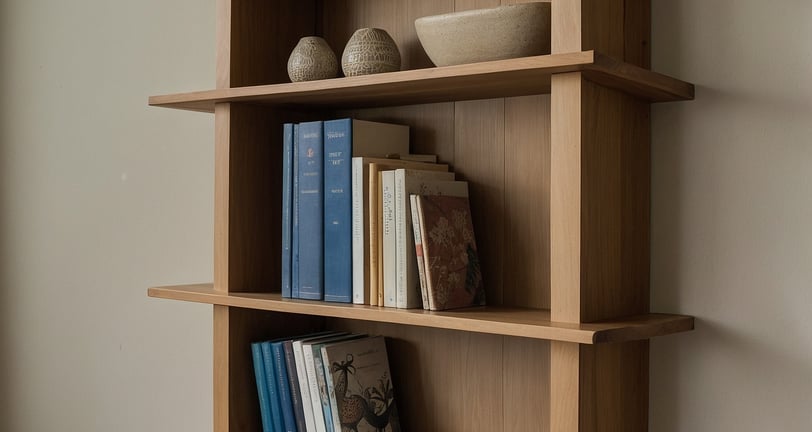 a shelf with books and vases on it