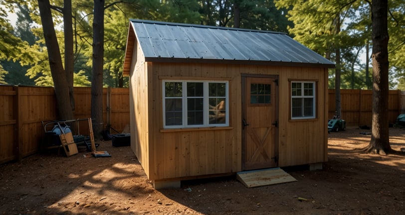 a small wooden shed with a metal roof