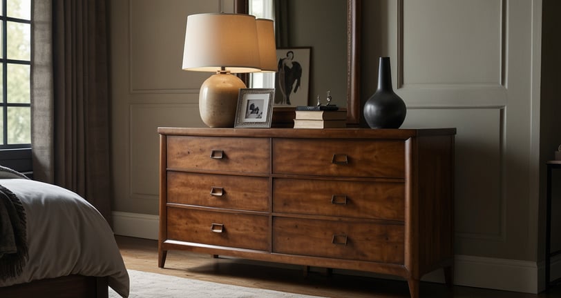 a bedroom with a dresser and a lamp