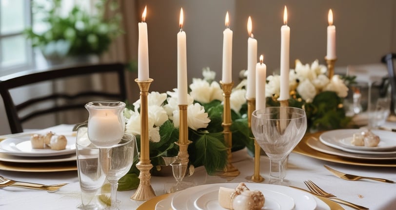 A gorgeoues aesthetic tablescape with gold taper candle holders, white china, and gold flatware