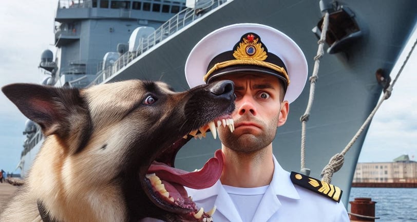 A ferocious dog with its mouth open with a naval officer