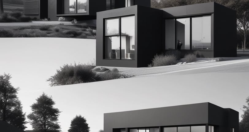 A detailed architectural model of a building is placed on a wooden surface in the foreground. The background features a group of people sitting and standing in a park-like setting, with trees and distant structures creating a blurred atmosphere.