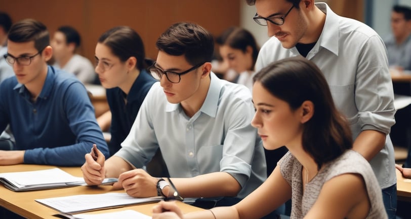 A teacher is engaging with a group of students sitting at a desk. The students are dressed in matching attire and wearing traditional headwear. They appear focused on their studies as they interact with the teacher. Books are open in front of them, and shelves filled with books are visible in the background.