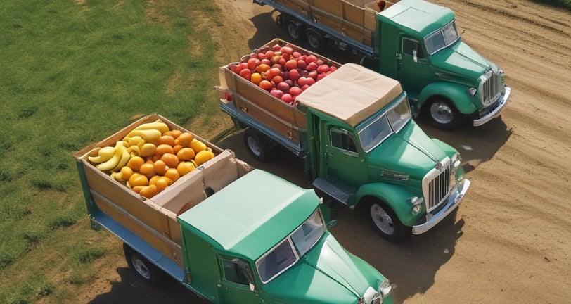 A long line of trucks is parked on a highway. The road stretches into the distance, bordered by rolling hills covered with green vegetation. The sky is cloudy, suggesting overcast weather. One truck is prominently visible with the branding 'euroberry' on its side.