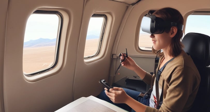 A person wearing a virtual reality headset and headphones is painting on a canvas. The individual is dressed in a white protective suit and holds a paintbrush and palette with various colors. In the background, there is a blurred image of digital art displayed on a screen.