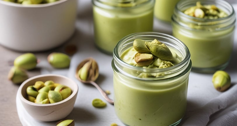 A plate of round, golden-brown sweets garnished with sliced pistachios. The sweets have a shiny, syrupy glaze, suggesting they are a type of dessert.