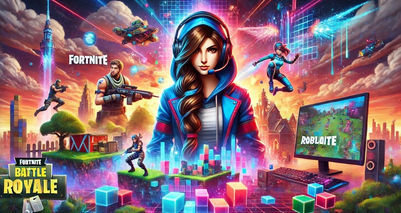 Gaming website banner featuring a female gamer in a hoodie and headset, surrounded by Fortnite, Mine