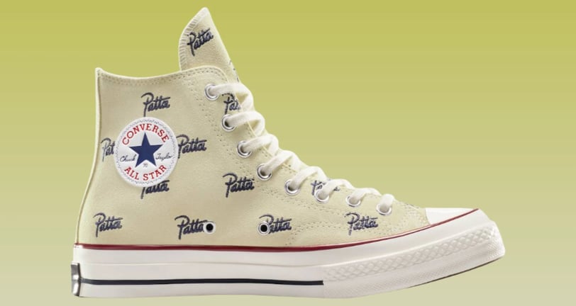 a pair of sneakers with the word, Converse All Star  with collab by Patta